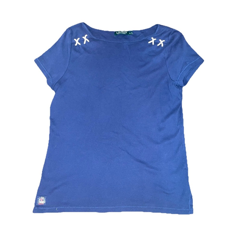 Lauren Ralph Lauren Womens XL Navy Blue Boat Neck Cotton Short Sleeve T-Shirt